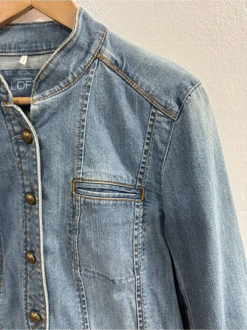 LOFT Denim Jacket Blue Mandarin Collar Peplum Button Front Jean size 12